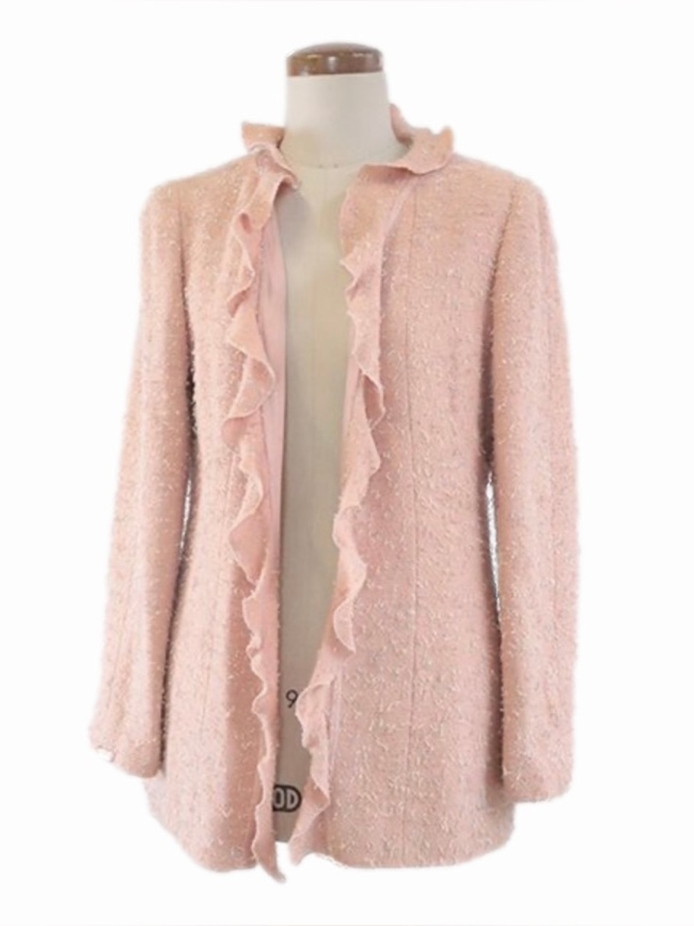 Chanel Vintage 1999 Pink Rosa Tweed Giacca Gonna Ruffle Jacket